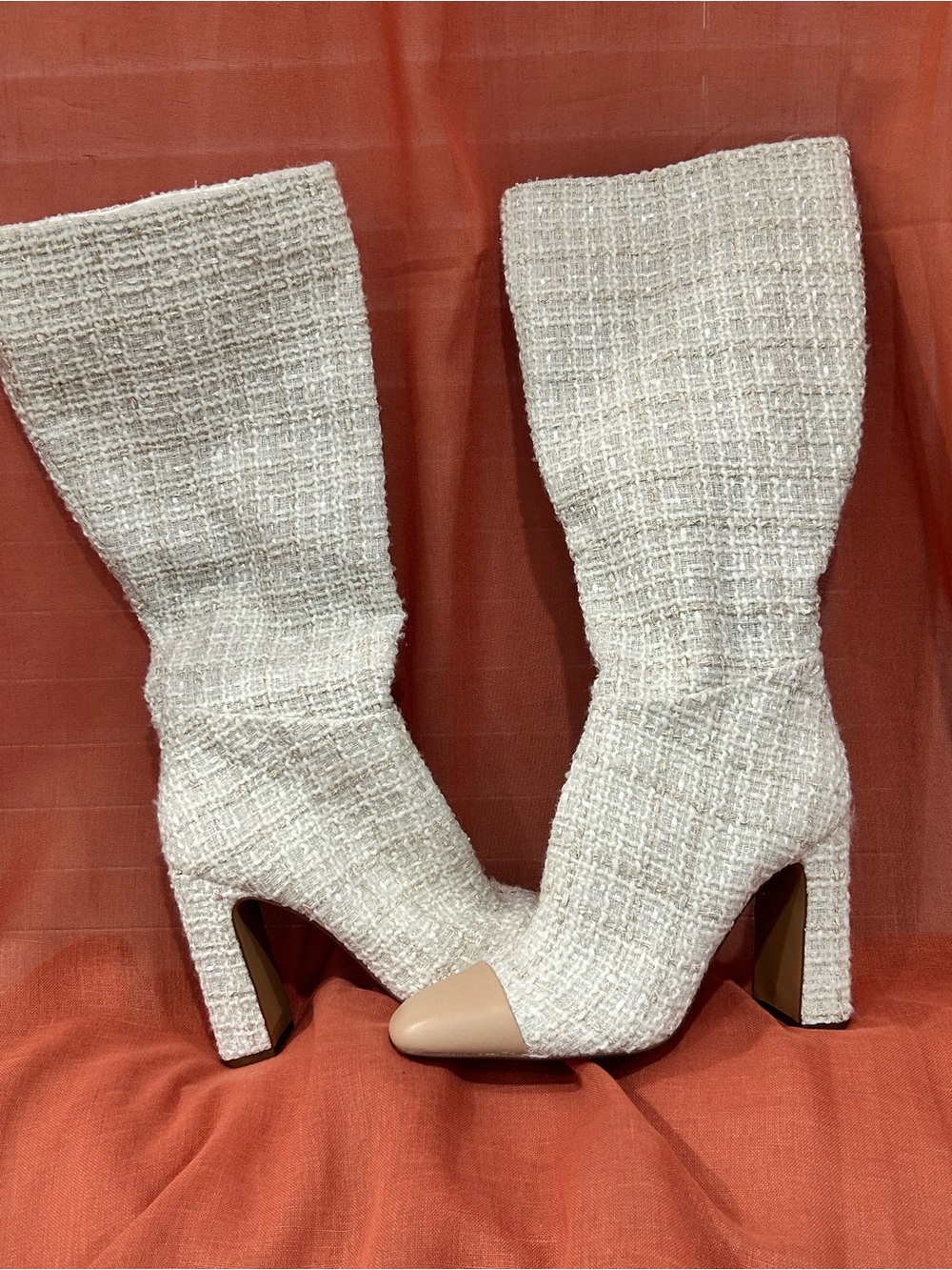 Steve Madden Cream Tweed Over-the-Knee Boots with Nude Cap Toe
